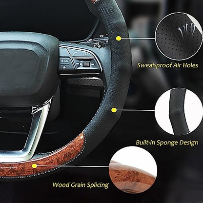 Wood Grain Steering Wheel Cover Car Steering Wheel Covers 14.5-15 inch with Coasters Microfiber Leather Splicing Breathable Anti-Slip Durable Universal Auto Steering Wheel Protective - color: wood grain