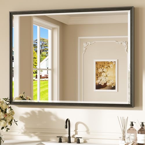 Keonjinn Black Framed Mirror 40" x 30", Black Bathroom Vanity Mirrors with Beveled Edge, Decorative Aluminum Alloy Frame, Shatterproof, Modern Farmhouse Bathroom Wall Mirror(Vertical/Horizontal) - color: Black, size: 30"L x 40"W