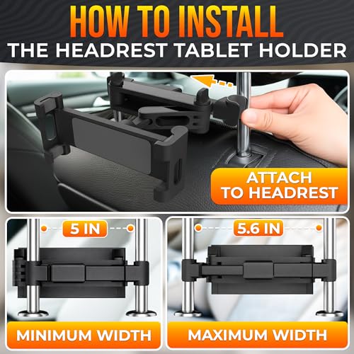 Car Headrest Tablet Holder for 5.5"-11" Devices - Tablet Headrest Mount with 360° Rotation & Charging Port Access - Quick Install & Adjustable Car Tablet Holder Сompatible with Smartphones and Tablets