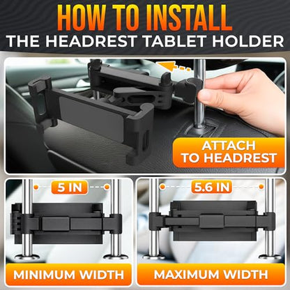 Car Headrest Tablet Holder for 5.5"-11" Devices - Tablet Headrest Mount with 360° Rotation & Charging Port Access - Quick Install & Adjustable Car Tablet Holder Сompatible with Smartphones and Tablets