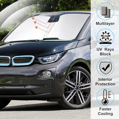Windshield Sun Shade Custom Fit for 2014-2022 BMW i3 Accessories Foldable Sunshade Sun Blocker Protect Car from Sun Rays & Heat Damage Keep Car Cooler - size: Fit Bmw I3 2014-2022