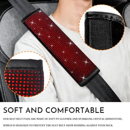 2PCS Bling Seat Belt Covers, Seat Belt Cover Pad, Car Seatbelt Shoulder Pads with Rhinestone, Auto Accessories Comfortable Automotive Neck Shoulder Mat Cushion for Car Truck SUV (Red) - color: Red
