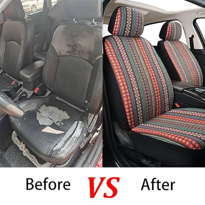 Baja Saddle Blanket Car Seat Covers, Boho Striped Woven Front Seat Protectors, Breathable & Washable Interior Covers, Universal Fit for Most Cars SUVs Trucks, Airbag Compatible, Flower, 8 pcs. - color: FLOWER&RED