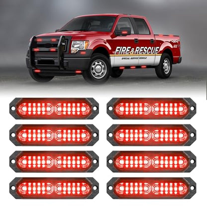 HLauto 1200T Emergency Strobe Grille Lights: 8pcs 12 LED Sync Feature Safety Warning Flashing Lights, Ultra Slim Surface Mount Hazard Caution Lights for Trucks, Vehicles, Car, ATV, UTV (Red) - color: Red