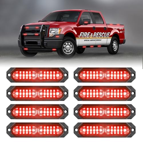 HLauto 1200T Emergency Strobe Grille Lights: 8pcs 12 LED Sync Feature Safety Warning Flashing Lights, Ultra Slim Surface Mount Hazard Caution Lights for Trucks, Vehicles, Car, ATV, UTV (Red) - color: Red