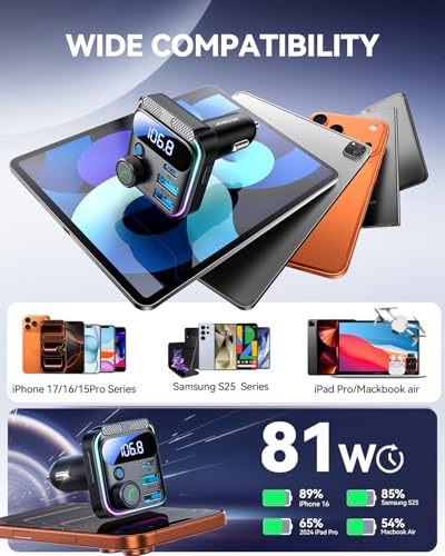 JOYROOM Bluetooth 6.0 Car Adapter FM Transmitter 81W Bluetooth Cigarette Lighter Adapter [PD45W&QC36W] Fast Charging Dual Mics HiFi Bass LED Display Wireless Radio Hands-Free Calling Support USB Drive - color: Black