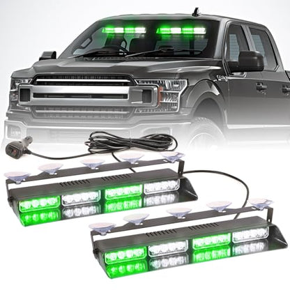 2 in 1 LED Emergency Dash Strobe Light Bar Front/Rear Windshield Safety Flashing Warning Hazard Interior Lights for Police Firefighter Construction Vehicles Trucks (2x14 inch, White/Green) - color: #13 White/Green