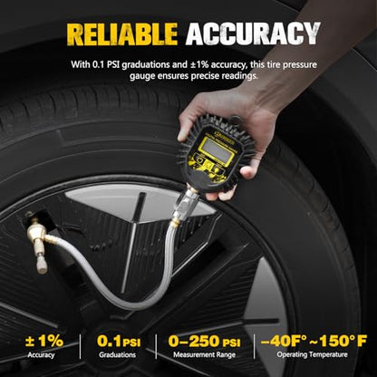 BUNKER INDUST Digital Tire Pressure Gauge, 0-250 PSI Heavy Duty Air Guage for car, Truck, and Off-Road Vehicle- Reliable Accuracy-Backlit LCD Display, Tire Deflator with Built-in Top Light