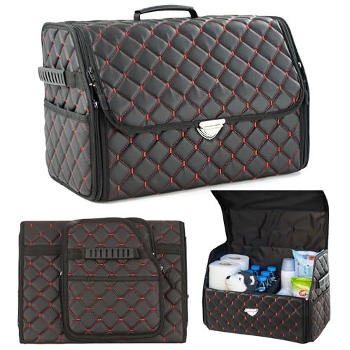 Leather Trunk Organizer with Lid for Suv and more, Foldable Car Organizer, Car Organizers and Storage with Pockets, Non-Slip Design (Red-Black) - color: Red-Black