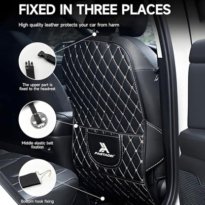 Universal Car Kick Mats Back Seat Protector with Storage Pockets, Premium Leather Car Seat Back Cover Protector Waterproof Scratch-Resistant Easy Clean
