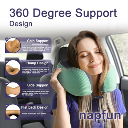 napfun Neck Pillow for Travel with Travel Pouch, Sleep Mask & Earplugs, Memory Foam Airplane Pillow for Headrest Sleep with Eyeshades, Plane Essentials with Eye Blindfold, Turquoise Striped Kit - color: Turquoise Striped Kit