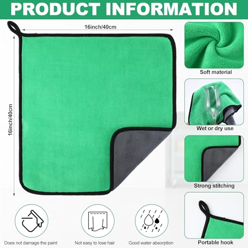 Tallew 12 Pcs Microfiber Towels for Cars, 800 GSM Plush Drying Cleaning Cloth Bulk, 16 x 16 Inch Thick Absorbent Wash Detailing Towels for Car Polishing, House, Kitchen Cleaning(Green) - color: Green