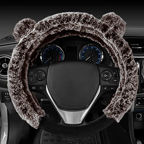 BDK Bear Fur Steering Wheel Cover, Plush Faux Fur Fuzzy Steering Cover for Car Truck Van SUV, Standard Size Fits Wheels 14.5-15 in Diameter, Brown with Ears - color: #13 Brown with Ears, size: Fits 14.5 - 15" Sw