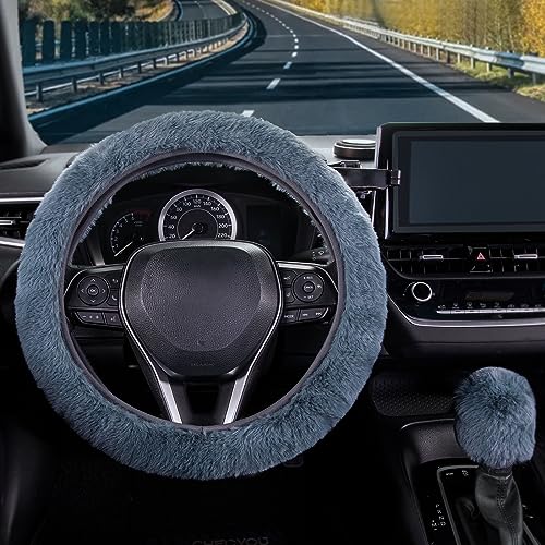 SEG Direct Furry Car Steering Wheel Cover with Fluffy Gear Shift Cover Soft Warm Non-Slip Car Decoration for Men Women Girls 2 PCS Set, Blue Gray - color: Blue Gray