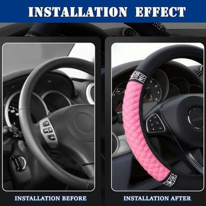 Soft Leather Car Steering Wheel Cover, Universal 15 Inch Colorful Rhinestones Anti-Slip Elastic Steering Wheel Covers for Most Cars, Sparkly Crystal Diamond for Women Girls (Pink) - color: Pink