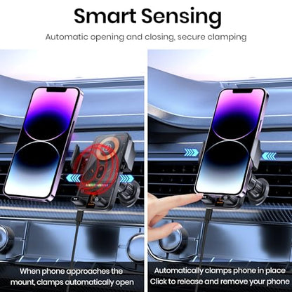 Car Phone Holder with 15W Wireless Car Charger, Car Vent Mount with Induction Opening and Closing, Air Vent Phone Stand with Horizontal and Vertical Screen Rotation Adjustment for iPhone -Sliver - color: Sliver