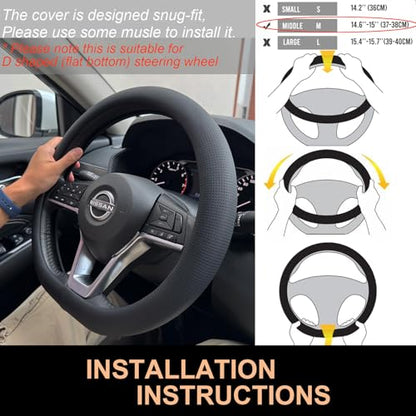 PINCTROT D Shaped Nappa Leather Steering Wheel Cover, Slim Fit No Bulk Design, One Piece Leather with Breathable Perforation, Fit Like Gloves, Flat Bottom 14.5-15 Inch(Nappa Black) - color: 01.Black, size: D Shaped/Flat Bottom[14 1/2''-15'']
