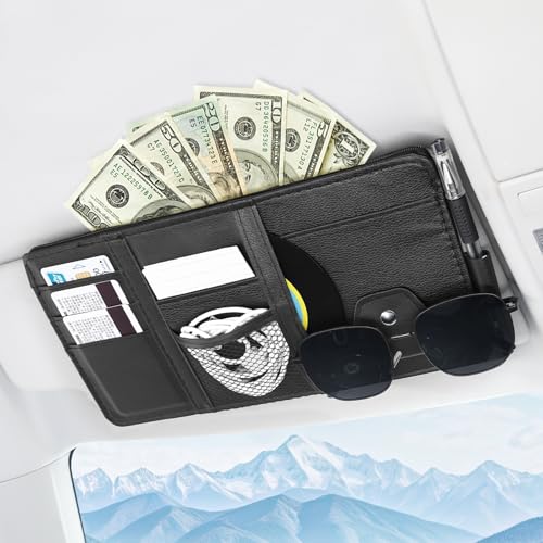 Amiss Car Sun Visor Organizer with Double Zippers, Multi-Pockets for Glasses, Pens, Cards & Documents, Universal Storage Pouch, Fits Most Cars, SUVs and Trucks, Car Interior Accessories (Black) - color: Black