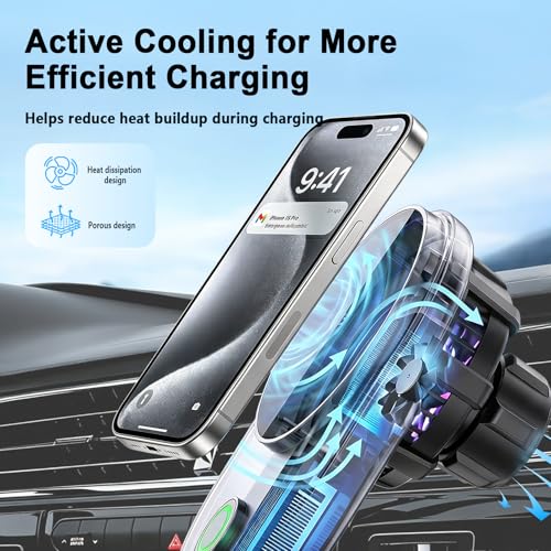 TeSabMi Magnetic Wireless Car Charger Mount with Active Cooling, Up to 25W Fast Charging for Compatible iPhone 17/16, Strong Magnet Air Vent Phone Holder, 360 Rotation, Fits iPhone 17/16/15/14/13/12