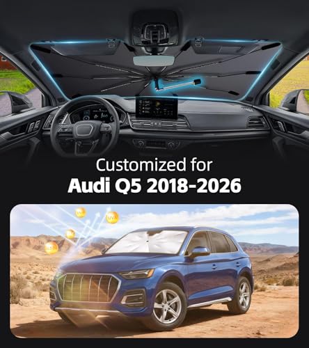 Windshield Sun Shade for Audi Q5 2018-2026 with 360° Rotating Shaft, Custom Fit Umbrella Sunshade for UV Blocking, Interior Heat Protection, Easy Storage - size: Fit for Audi Q5 2018-2026