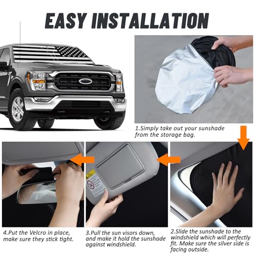 D-Lumina Windshield Sun Shade for 2021-2025 F-150 F150 Lariat, King Ranch, Platinum, XL XLT Limited Raptor, Front Window Sunshade American Flag Sun Visor Protector, Foldable 2 Layer 210T Material - size: Silver & Black-Fit 2021-2025 Ford F150