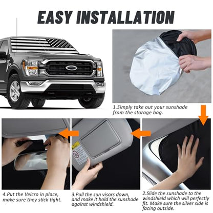 D-Lumina Windshield Sun Shade for 2021-2025 F-150 F150 Lariat, King Ranch, Platinum, XL XLT Limited Raptor, Front Window Sunshade American Flag Sun Visor Protector, Foldable 2 Layer 210T Material - size: Silver & Black-Fit 2021-2025 Ford F150