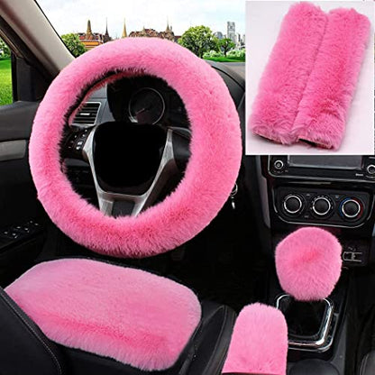 1 Set 6 Pcs Fluffy Car Steering Wheel Cover & Seat Belt Shoulder Pads & Handbrake Cover & Gear Shift Cover Set & Seat Belt Shoulder Pads Faux Wool Universal Fit Car Interior Accessories (Pink) - color: Pink