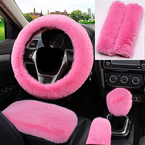 1 Set 6 Pcs Fluffy Car Steering Wheel Cover & Seat Belt Shoulder Pads & Handbrake Cover & Gear Shift Cover Set & Seat Belt Shoulder Pads Faux Wool Universal Fit Car Interior Accessories (Pink) - color: Pink