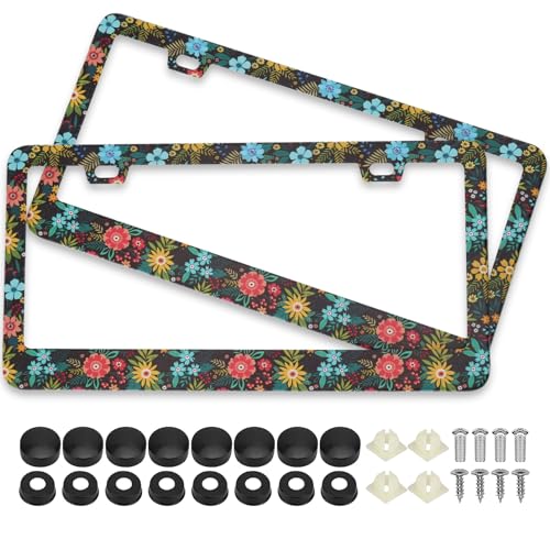 Colorful Flowers and Leaves License Plate Frames, 2 Pack Colorful Floral Car Plate Frame, Stainless Steel License Plate Holders Covers with Free Screws Fasteners Caps (Colorful Flowers & Leaves) - color: Colorful Flowers & Leaves