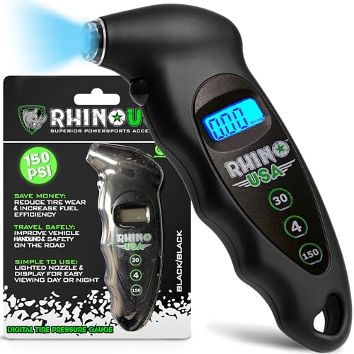 Rhino USA Digital Tire Pressure Gauge 150 PSI, 4 Ranges, Ergonomic Design w/Lighted Nozzle & LCD Backlit Display - Certified Accurate Readings, Best Digital Gage (Black) - color: Black