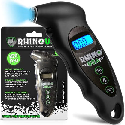 Rhino USA Digital Tire Pressure Gauge 150 PSI, 4 Ranges, Ergonomic Design w/Lighted Nozzle & LCD Backlit Display - Certified Accurate Readings, Best Digital Gage (Black) - color: Black