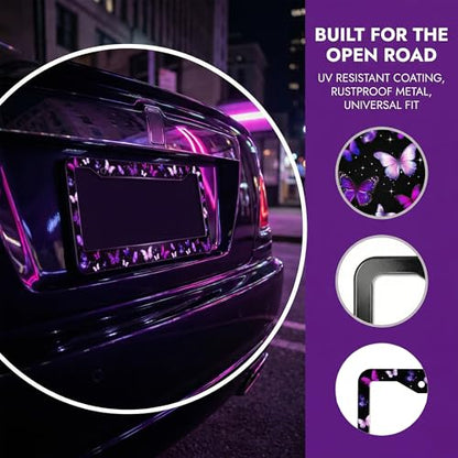 Purple Butterfly License Plate Frame Beauty Butterfly Steering Wheel Cover Funny Cars Decor Aluminum Plate Frame Anti-Slip Breathable with Screws Fits Standard Us Ca Vehicles - color: Purple Butterfly