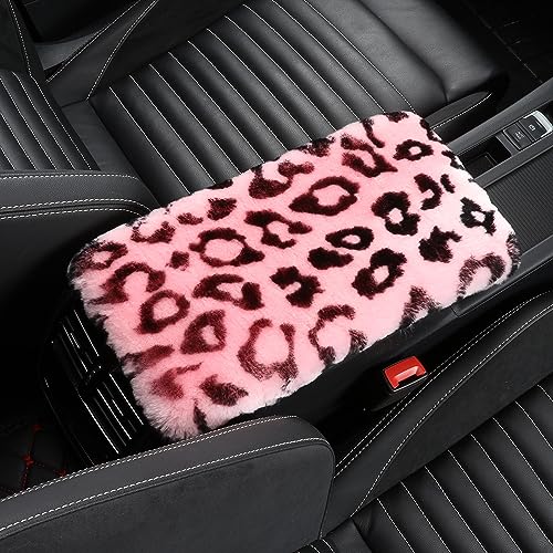 Genuine Sheepskin Center Console Cover Pad Genuine Furry Fluffy Wool Fur Car Armrest Cover Protector Universal Fit for SUV/Truck/Car - color: Shearling-Pink Leapord