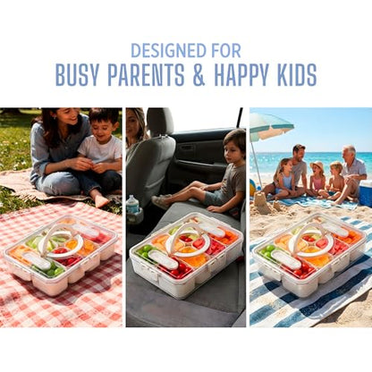 Travel Snack Container for Kids – Snackle Box with 8 Removable Compartments, Utensils and Recipe QR – Snack Box for Road Trips, Beach, Picnic and School Lunch