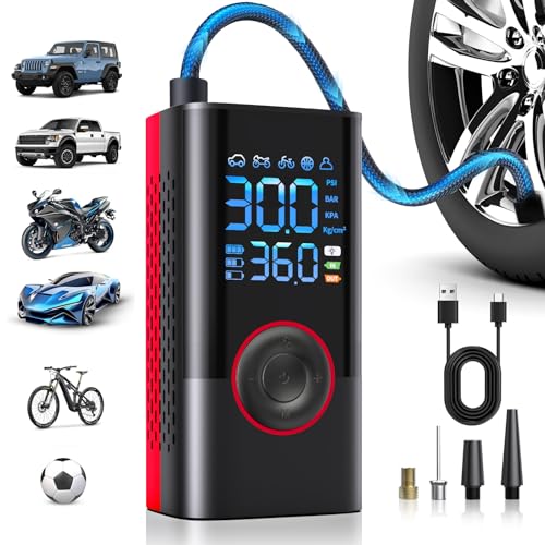 Tire Inflator Portable Air Compressor Portable Cordless Mini Air Pump with Digital Pressure Gauge Inflater 150PSI Fast Inflation and Auto Shutoff Function Tires Pump for Cars Motorcycles Bikes (Red） - color: Light Red