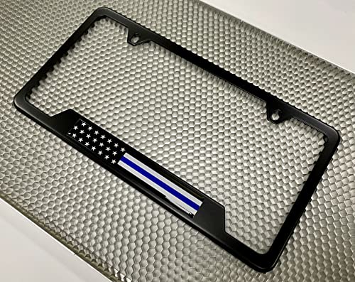 Stainless Steel Matte Black CAR 2-Hole Standard Size - Domed Custom-Made Corrosion-Resistant License Plate Frame with Thin Blue Line USA Flag Design and Free caps - (Qty: 1 Frame) - size: Thin Blue Line U.S. Flag