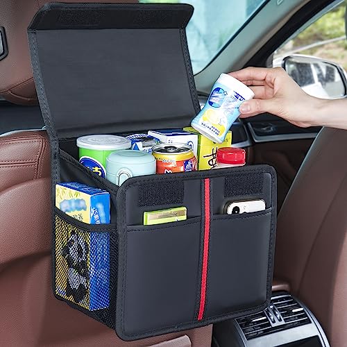 Hanging Car Seat Organizer with Lid - Premium PU Leather Backseat Organizer for Kids & Adults (Black) - style: With Lid