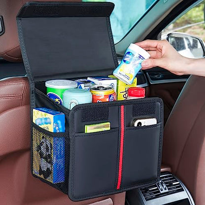 Hanging Car Seat Organizer with Lid - Premium PU Leather Backseat Organizer for Kids & Adults (Black) - style: With Lid