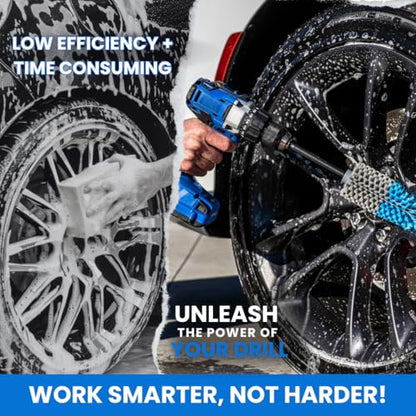 Long Reach Drill Brush Attachment, All Purpose for Car Tires, Wheels, Wheel Wells, Engine Bays, Exhaust Pipes, Running Boards, Hard to Reach Areas, with Heavy Duty Non-Scratch Nylon Bristles - color: Blue/Gray, size: Long Reach - 2 Piece Set