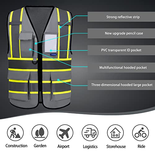 AYKRM Security Vest for Men Women 7 Pockets High Visibility Reflective Safety Vest Front Zipper Meets ANSI/ISEA - color: Grey-manage, size: X-Small