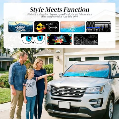 63"x28.5" Car Windshield Sun Shade with Storage Pouch, Stylish Printed Front Window Sunshade with Double Ring Frame, Universal Fit Foldable Heat Blocker & UV Protector for SUV, Sedan (Beach) - color: Beach