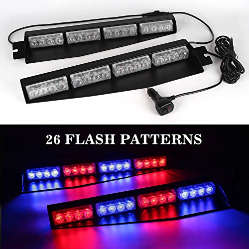 ASPL 32LED Visor Lights 26 Flash Patterns Windshield Emergency Hazard Warning Strobe Beacon Split Mount Deck Dash Lamp With Extend Bracket (Red/Blue/Red/Blue) - color: Red/Blue/Red/Blue
