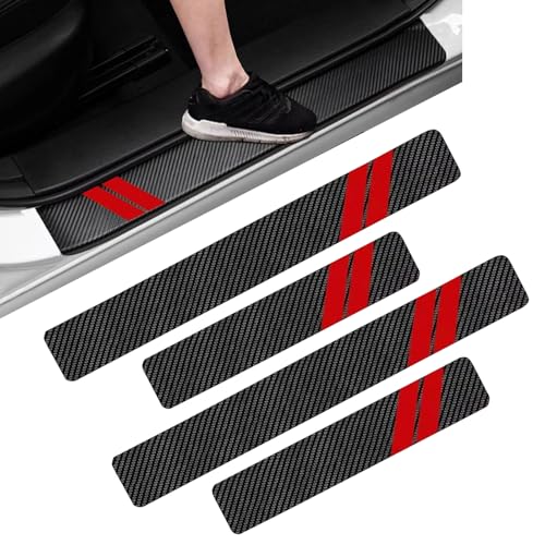 4 PCS Car Door Sill Protection Strip, 15.7" x 2.7" + 23.6" x 2.7" Carbon Fiber Door Pedal Trunk Anti-Scratch Decoration, PU Leather Easy to Clean Sticker, Universal for Cars (Red & Black) - color: Red & Carbon Fiber Black