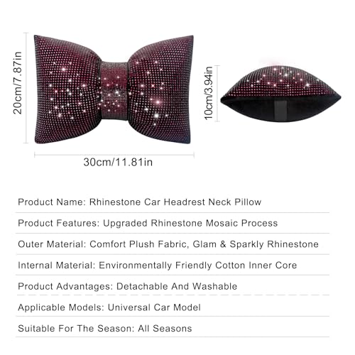 surpassme 2PCS Rhinestone Car Headrest Neck Pillow for Driving with Bling Bling Crystal Bow Pillow Car Accessories for Women (Purple) - color: 2 Purple Pillows