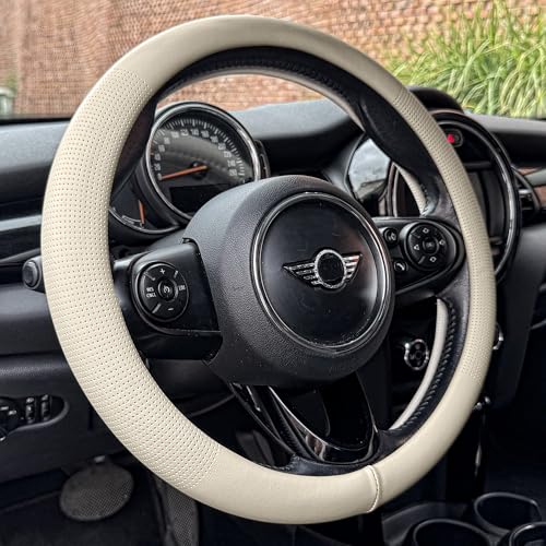 PINCTROT Nappa Leather Steering Wheel Cover, Slim Fit No Bulk Design, One Piece Leather with Breathable Perforation, Fit Like Gloves, Universal 14.5-15 Inch(Nappa Beige) - color: 06.Beige, size: Medium(Standard) Size[14 1/2''-15'']