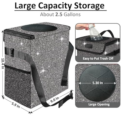 Cute Mini Car Trash Bag with Lid, Glitter Garbage Can Bin Hanging for Back/Front Seat/Console, Waterproof, Leakproof, 2.5 Gallon, Black Bling Sparkly - color: Black Bling Sparkly