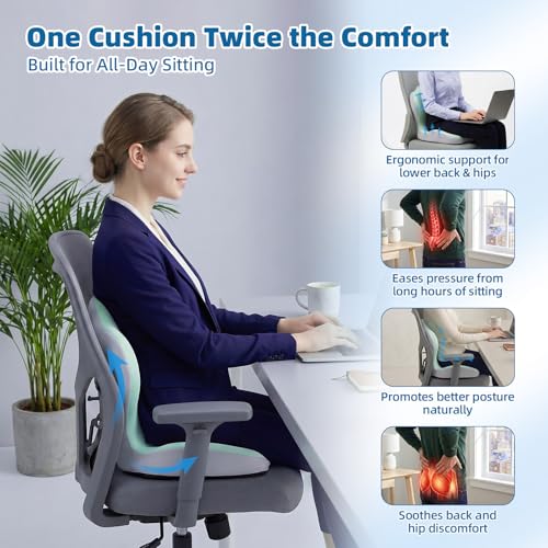 Office Chair Cushion with Back Support, Ergonomic Seat Cushion High Density Memory Foam with U-Shaped Raised Sides, Breathable Coccyx Relief for Better Posture, Office Chair, Car, Home (Green) - color: Green