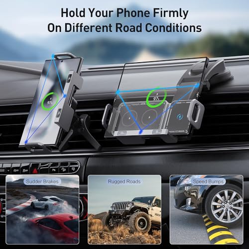 Famous Tech Shop Wireless Car Charger Mount 15W Fast Charging Phone Holder with Auto Rotation, Dual Mount Dashboard and Windshield Car Phone Holder for iPhone and Android