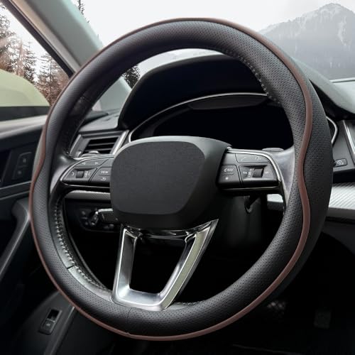 HAOTULE Leather Steering Wheel Cover， with Anti-Slip Stripe Design - Enhanced Grip, Fashion Style, Safe, Non-Slip, Breathable. Upgrade car Interior，Black Brown - color: Black Brown