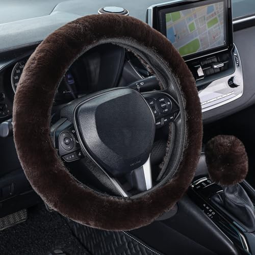 SEG Direct Furry Car Steering Wheel Cover with Gear Shift Cover, Soft and Warm, Cute Fluffy Auto Decor for Women Men, Standard Size, 2 PCS Set, Coffee Brown - color: Coffee Brown
